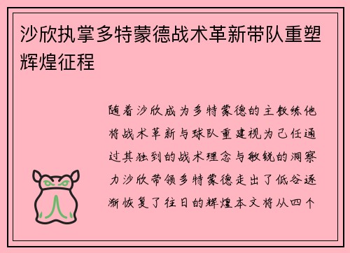 沙欣执掌多特蒙德战术革新带队重塑辉煌征程 沙欣执掌多特蒙德战术革新带队重塑辉煌征程