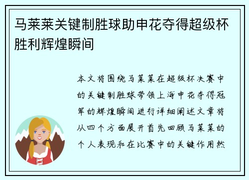 马莱莱关键制胜球助申花夺得超级杯胜利辉煌瞬间 马莱莱关键制胜球助申花夺得超级杯胜利辉煌瞬间